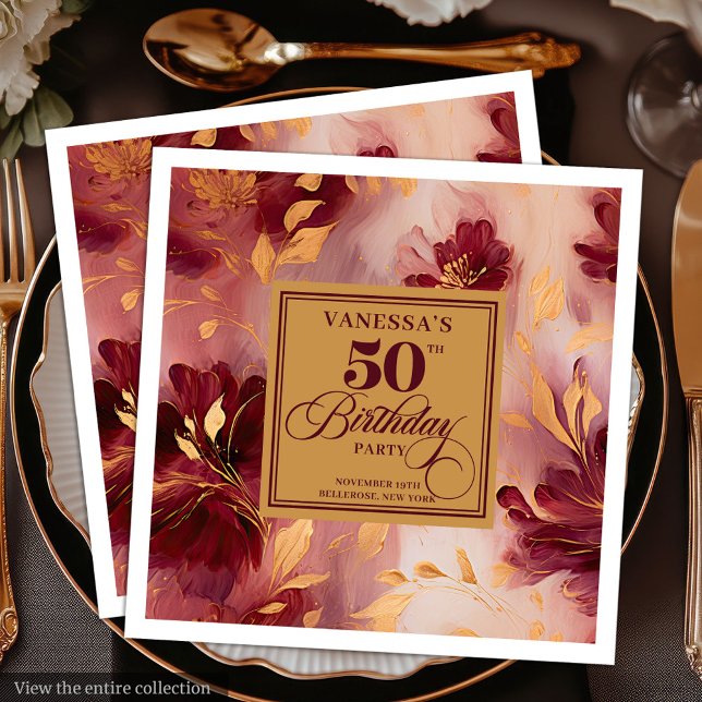 Glam Burgundy Blush Gold Floral 50th Birthday   Paper Dinner Napkins (Glam Burgundy Blush Gold Floral 50th Birthday Paper Dinner Napkins)