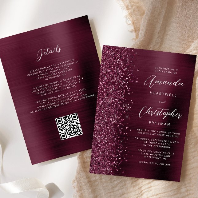 Glam Burgundy Brushed Metal QR Code Wedding Invitation (Creator Uploaded)