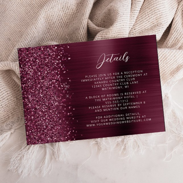 Glam Burgundy Brushed Metal Wedding Details  Enclosure Card (Creator Uploaded)