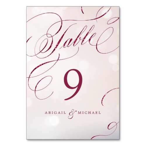 Glam burgundy calligraphy wedding table number