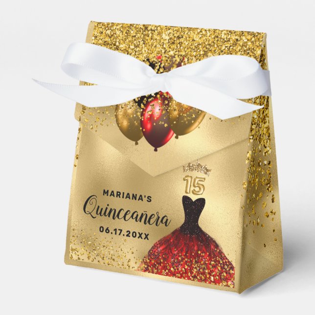 Glam Burgundy Dress Gold Glitter Quinceañera Favor Boxes (Front Side)