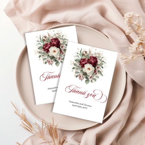 Glam Burgundy Floral Eucalyptus Greenery Thank You Card