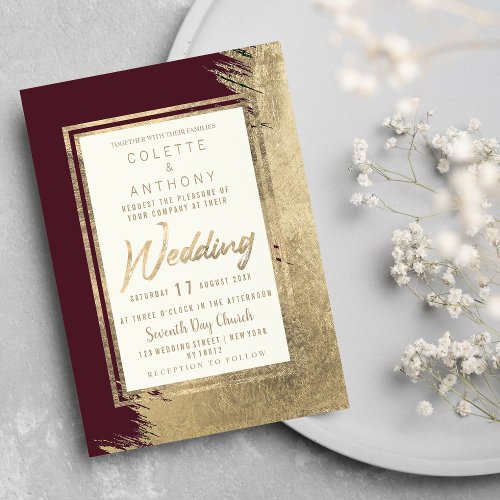 Glam burgundy gold brushstrokes modern Wedding  Invitation
