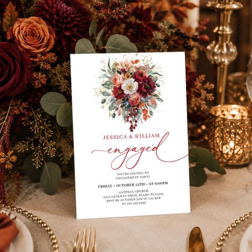 Glam Burgundy Gold Floral Deep Red engagement invi Invitation
