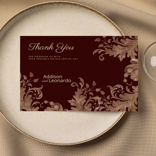 Glam burgundy gold floral luxury lace Thank You  Invitation