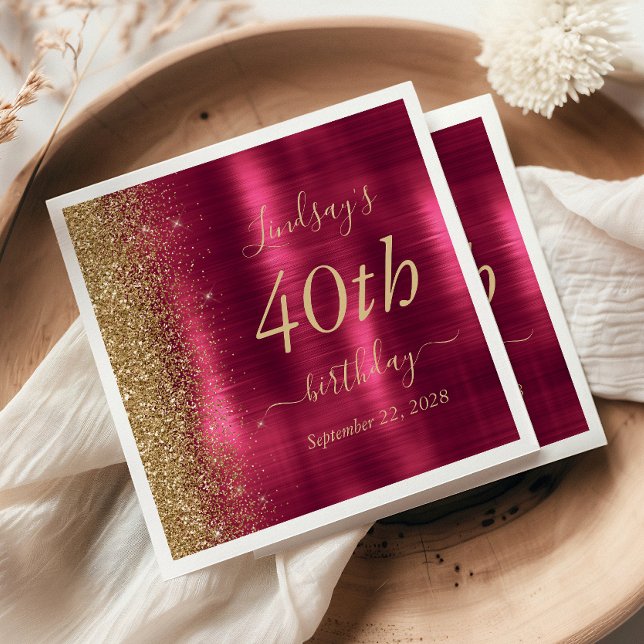 Glam Burgundy Gold Glitter 40th Birthday Party Napkins (Creator Uploaded)