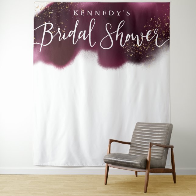 Glam Burgundy Gold Glitter Bridal Shower Backdrop (In Situ)