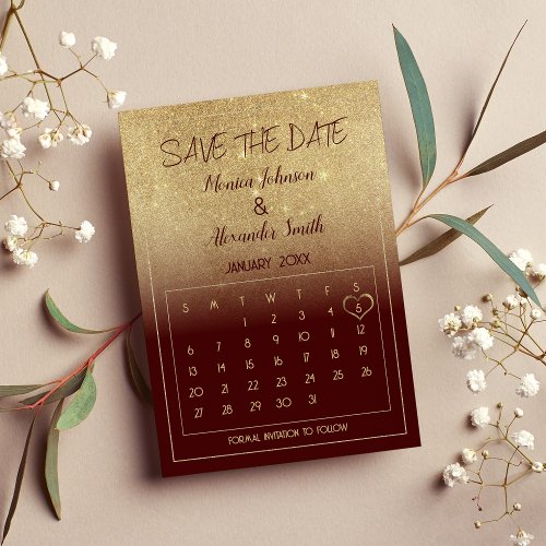 Glam Burgundy Gold Glitter Calendar Save the Date  Announcement Postcard