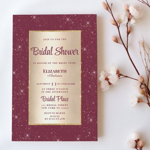 Glam burgundy gold glitter confetti Bridal Shower  Invitation