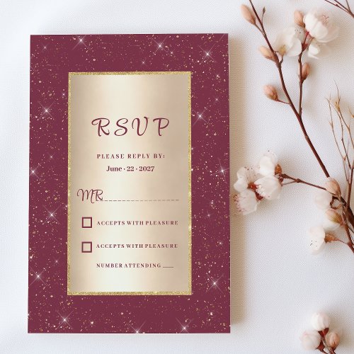 Glam burgundy gold glitter confetti RSVP  Invitation