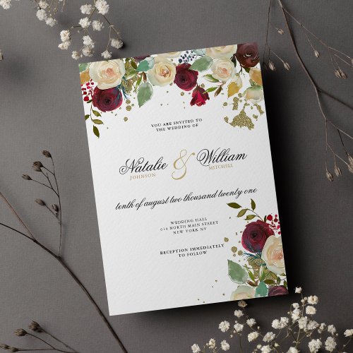 Glam burgundy ivory gold glitter floral wedding  invitation