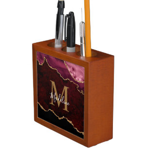 Glam Burgundy Marble Agate Geode Gold Monogram Desk Organizer