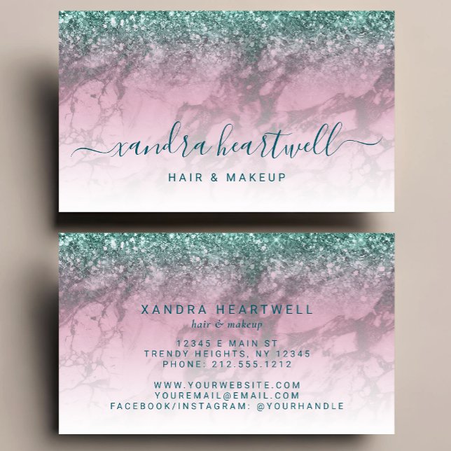 Glam Burgundy Marble Teal Glitter Script Stylist Business Card (Creator Uploaded)