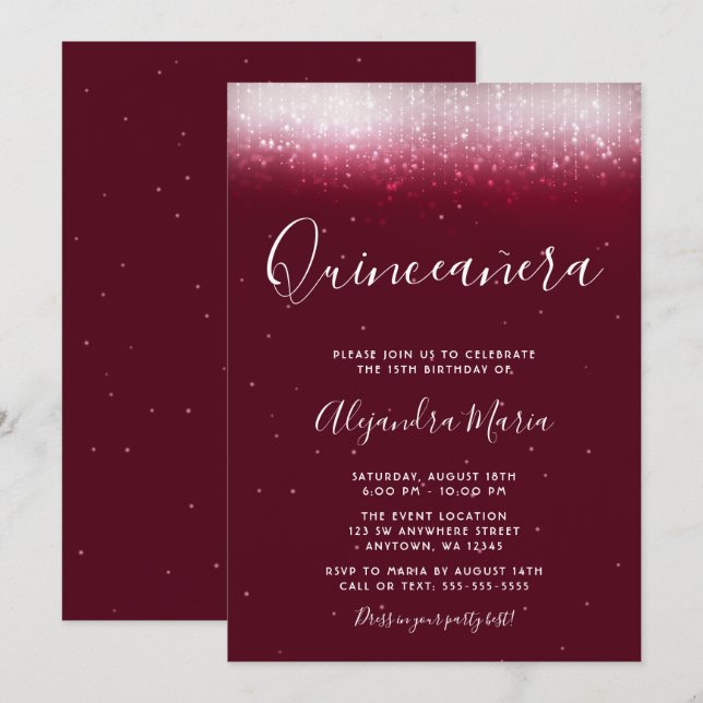 Glam Burgundy Quinceañera Invitation (Front/Back)