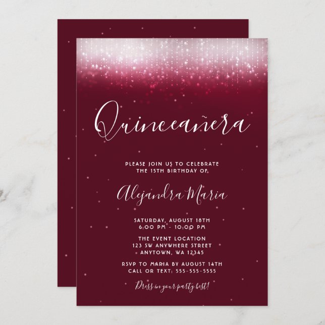 Glam Burgundy Quinceañera Invitation (Front/Back)