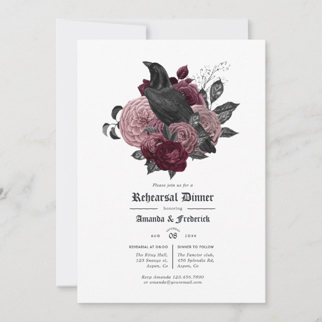 Glam Burgundy Raven Gothic Rehearsal Dinner Invitation (Front)