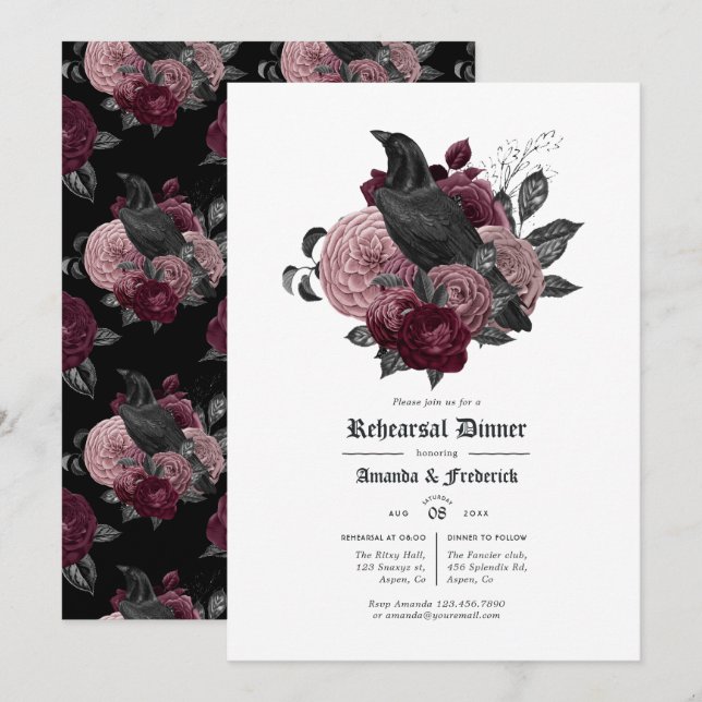 Glam Burgundy Raven Gothic Rehearsal Dinner Invitation (Front/Back)