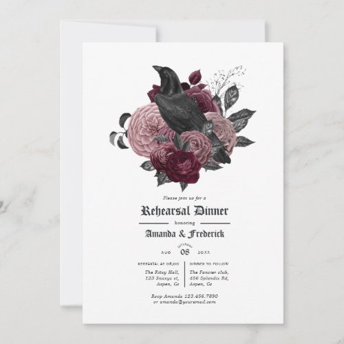 Glam Burgundy Raven Gothic Rehearsal Dinner Invitation