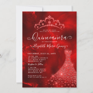 Glam Burgundy Red Diamond Tiara Dress Quinceanera Invitation