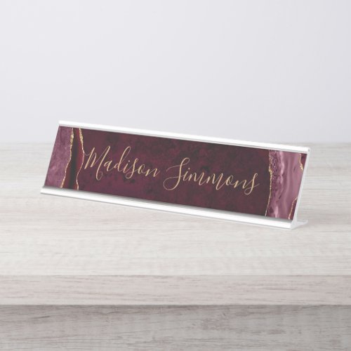 Glam Burgundy Red Gold Agate Geode Feminine Script Desk Name Plate