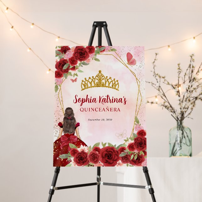 Glam Burgundy Red Gold Floral Princess Quinceañera Foam Board (In Situ (Stand))