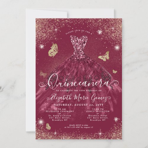 Glam Burgundy Red Gold Glitter Gown Quinceanera Invitation