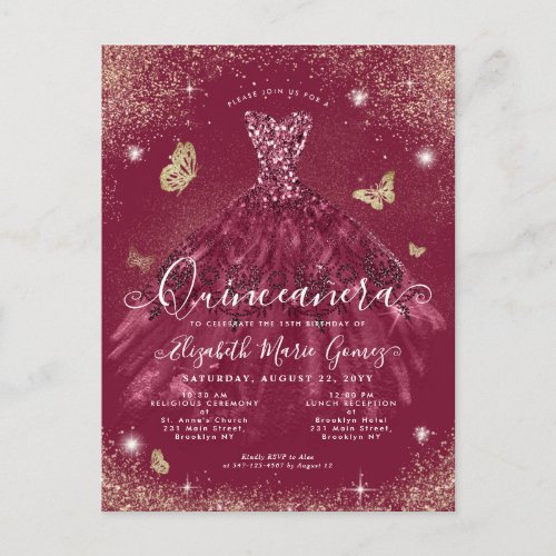 Glam Burgundy Red Gold Glitter Gown Quinceanera Postcard