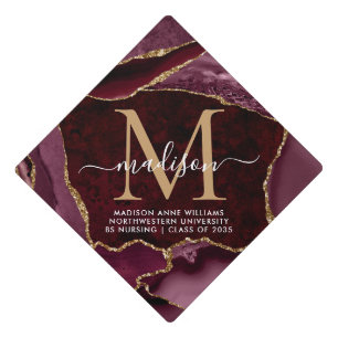 Glam Burgundy Red Gold Glitter Monogram Agate Grad Graduation Cap Topper
