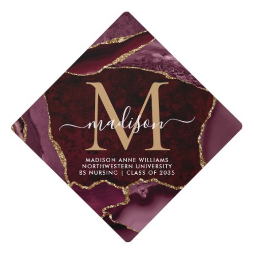Glam Burgundy Red Gold Glitter Monogram Agate Grad