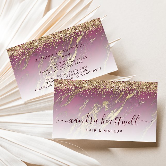 Glam Burgundy Red Gold Marble Glitter Script Business Card (Creator Uploaded)