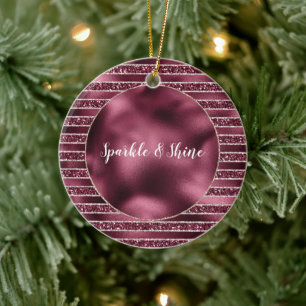Glam Burgundy Red Rose Blush Glitter Stripes Ceramic Ornament