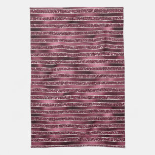 Glam Burgundy Red Rose Blush Glitter Stripes      Kitchen Towel