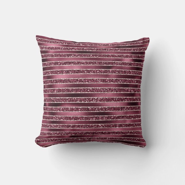 Glam Burgundy Red Rose Blush Glitter Stripes     Throw Pillow (Front)