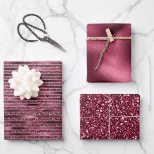 Glam Burgundy Red Rose Blush Glitter Stripes Wrapping Paper Sheets