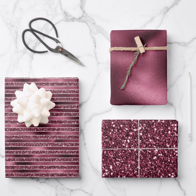 Glam Burgundy Red Rose Blush Glitter Stripes   Wrapping Paper Sheets (Front)