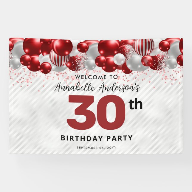 Glam Burgundy Red Silver Balloon Glitter Welcome Banner (Horizontal)