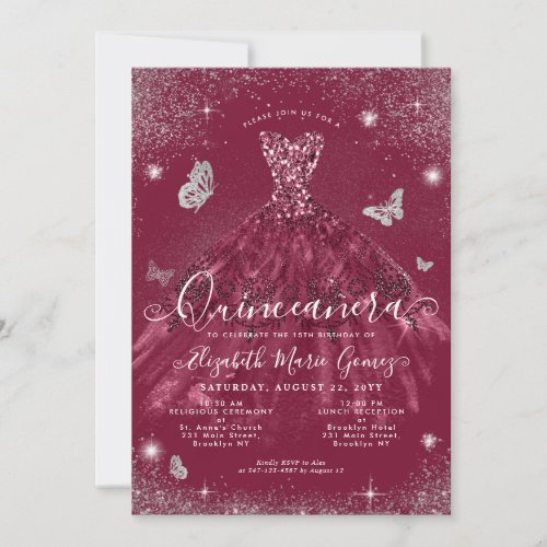 Glam Burgundy Red Silver Glitter Gown Quinceanera Invitation