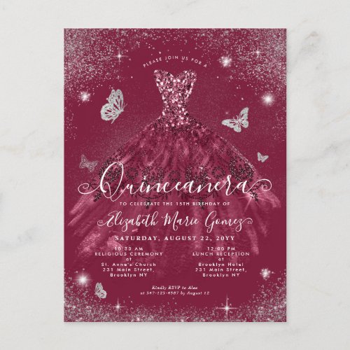 Glam Burgundy Red Silver Glitter Gown Quinceanera Postcard