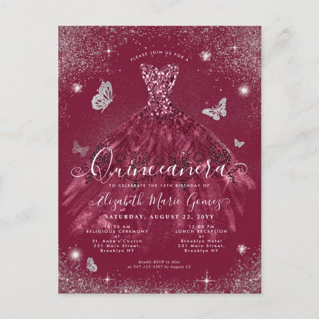 Glam Burgundy Red Silver Glitter Gown Quinceanera Postcard (Front)