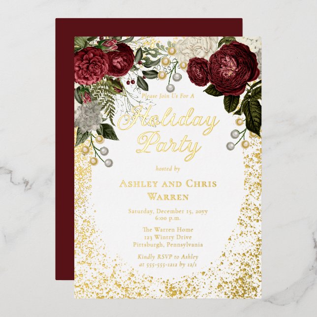 Glam Burgundy Rose Floral Christmas Holiday Party Foil Invitation (Front/Back)