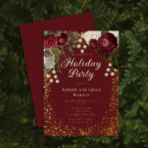 Glam Burgundy Rose Floral Christmas Holiday Party Foil Invitation