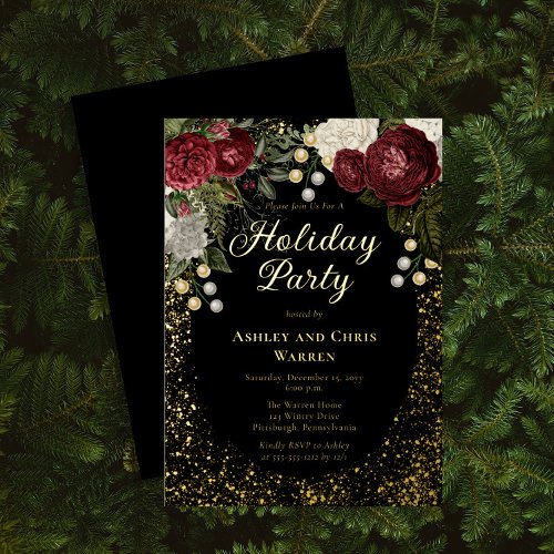 Glam Burgundy Rose Floral Christmas Holiday Party Foil Invitation