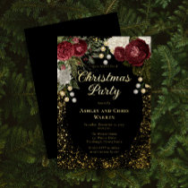 Glam Burgundy Rose Floral Christmas Holiday Party Foil Invitation