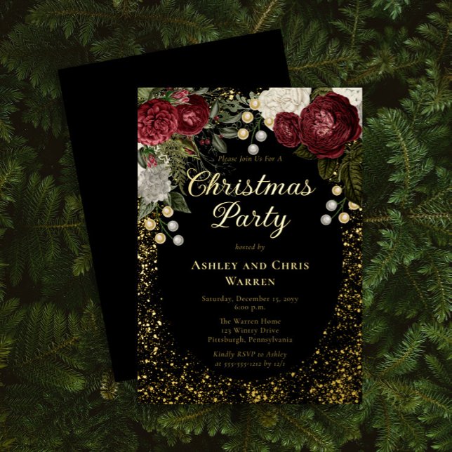 Glam Burgundy Rose Floral Christmas Holiday Party Foil Invitation (Creator Uploaded)