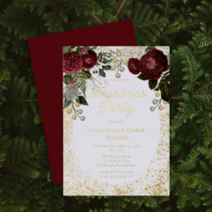 Glam Burgundy Rose Floral Christmas Holiday Party Foil Invitation