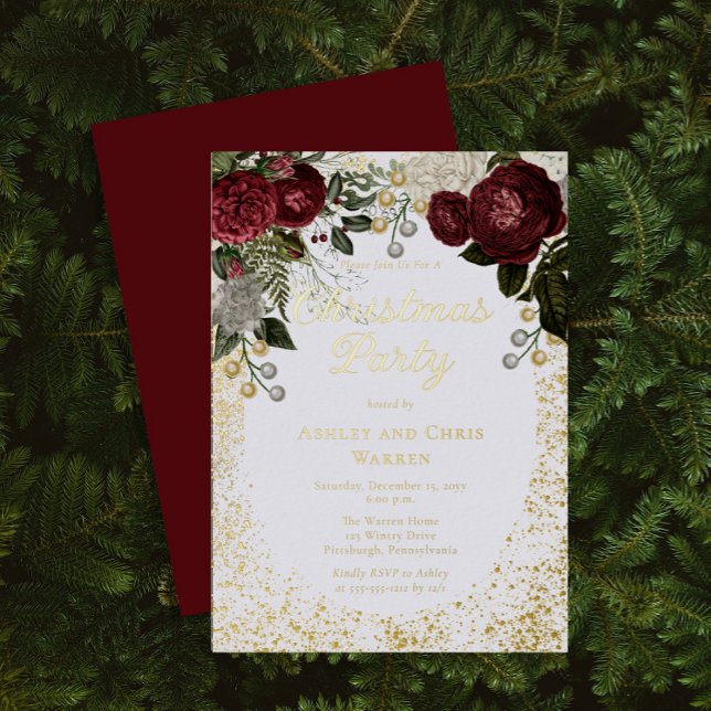 Glam Burgundy Rose Floral Christmas Holiday Party  Foil Invitation (Creator Uploaded)