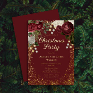 Glam Burgundy Rose Floral Christmas Holiday Party Foil Invitation