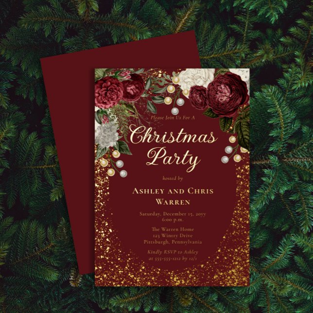 Glam Burgundy Rose Floral Christmas Holiday Party  Foil Invitation (Creator Uploaded)