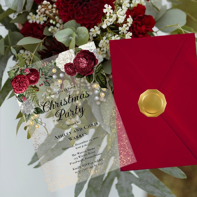 Glam Burgundy Rose Floral Christmas Party Acrylic Invitations (Glam Burgundy Roses and Faux Sepia Gold Glitter Elegant Christmas Party Holiday Acrylic Invitation)