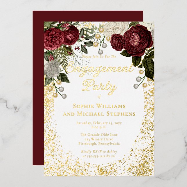 Glam Burgundy Rose Floral Engagement Party Foil Invitation (Front/Back)